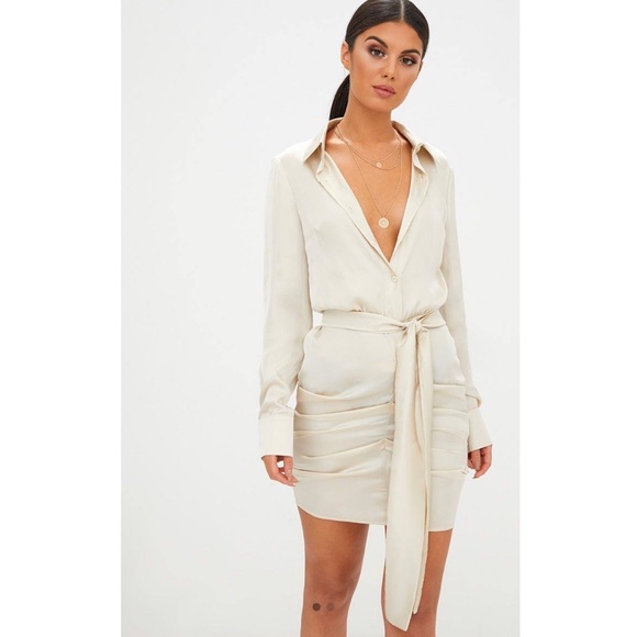 PrettyLittleThing Dresses & Skirts - NWT Pretty Little Thing Satin Ruched Shirt Dress